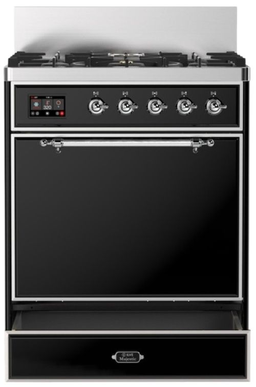 Ilve® Majestic III 30" Glossy Black Pro Style Dual Fuel Natural Gas Range with 5 Black Brass Burners and Chrome Trim-2