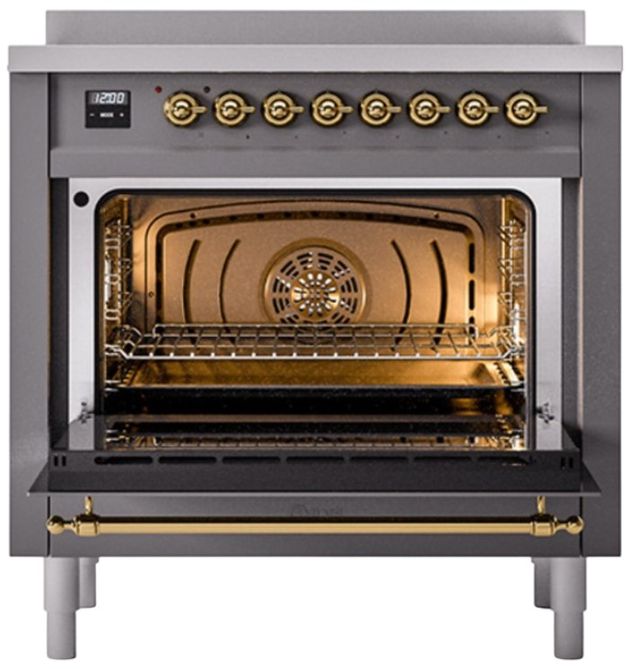 Ilve® Nostalgie II Noblesse 36'' Graphite Matte Pro Style Induction Range with Brass Trim-1