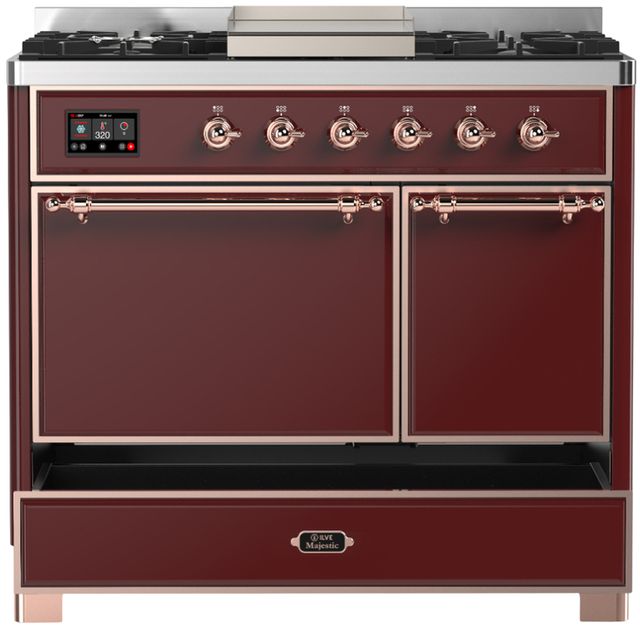 Ilve® Majestic III 40" Burgundy Pro Style Dual Fuel Natural Gas Range with Solid Door and Copper Trim-1