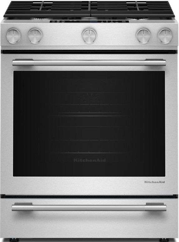 KitchenAid® 30” PrintShield™ Stainless Steel Convection Gas Slide-In Range with 5 Burner and Baking Drawer-0