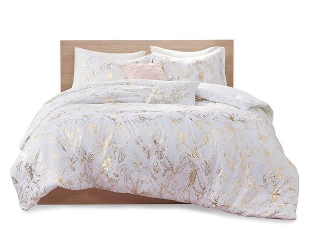 Olliix by Intelligent Design Magnolia Gold King/California King Metallic Printed Floral Comforter Set-0