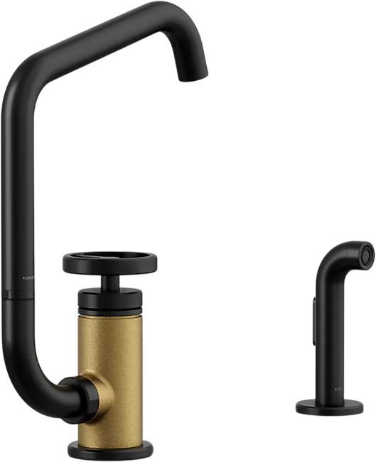 KOHLER® Billet® Brushed Moderne Brass/Matte Black Single Round-Handle Bar Sink Faucet with 2-Function Extended-Reach Spout and Side Sprayer-0