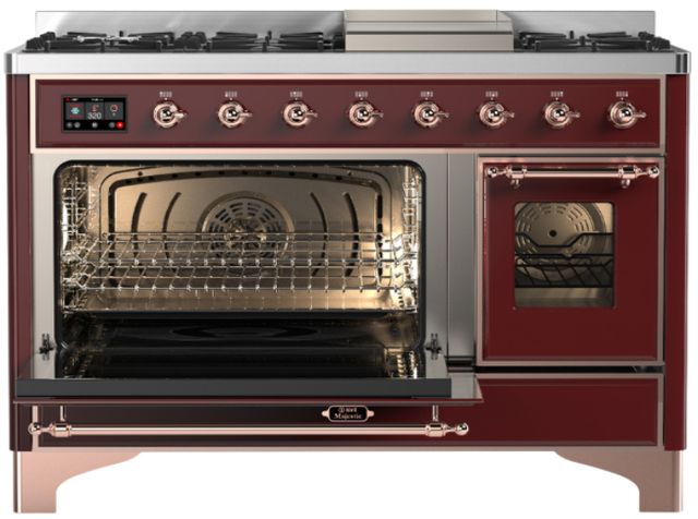 Ilve® Majestic III 48" Burgundy Pro Style Dual Fuel Natural Gas Range with Triple Glass Door and Copper Trim-2