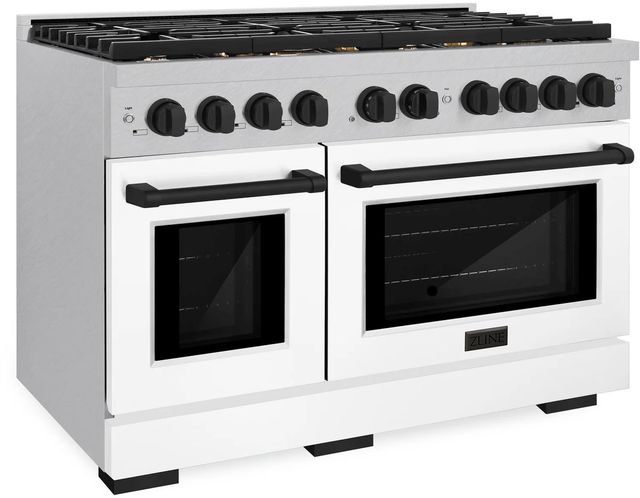 ZLINE Autograph Edition Paramount 48" Satin Stainless Steel Pro Style Dual Fuel Range with White Matte Door and Matte Black Accents-2
