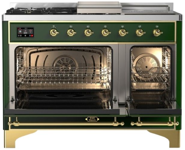 Ilve® Majestic III 48" Emerald Green Pro Style Dual Fuel Liquid Propane Range with French Top and Brass Trim-1