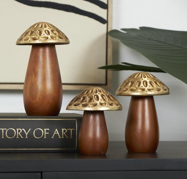 Deco Marche 3-Piece Brown Mushroom Decorative Sculpture Set with Gold Tops and Groove Patterns-3