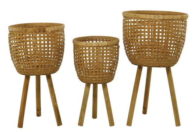 Deco Marche 3-Piece Brown Bamboo Woven Basket Planter Set with Wooden Tripod Legs-0