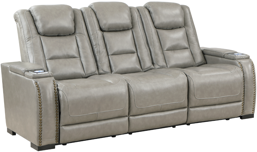 New Classic Home Furnishings Breckenridge Light Gray Leather Sofa with Power Headrest and Footrest Bob Mills Furniture