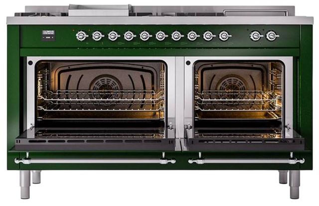 Ilve® Nostalgie II Noblesse 60'' Emerald Green Pro Style Dual Fuel Range with Chrome Trim-1