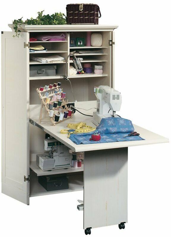 Sauder Harbor View Antiqued White Craft and Sewing Armoire with Table Pieratt s