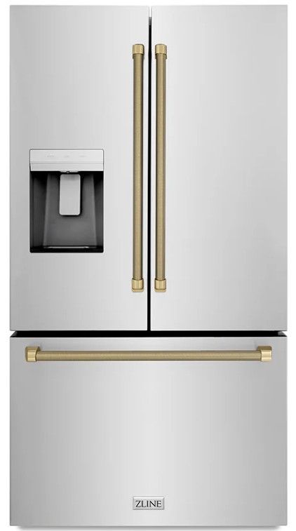 ZLINE Autograph Edition 36" 28.9 Cu. Ft. Stainless Steel Standard-Depth French Door Fingerprint-Resistant Refrigerator with External Water Dispenser and Dual Ice Maker in Champagne Bronze Helix Handles-0