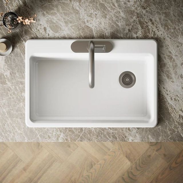 KOHLER® Riverby® White 33" 3-Faucet Hole Top-Mount Single-Bowl Workstation Kitchen Sink-2