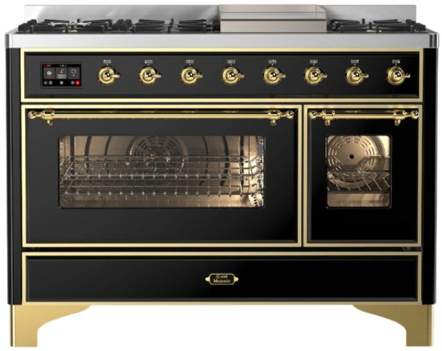 Ilve® Majestic III 48" Glossy Black Pro Style Dual Fuel Liquid Propane Range with Triple Glass Door and Brass Trim-0