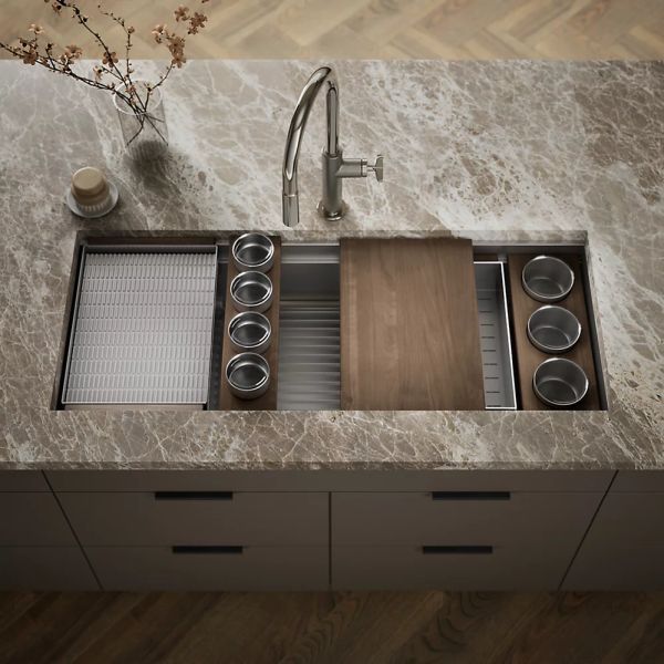 KOHLER® Synthos™ Dark Walnut/Stainless Steel 46" Undermount Single-Bowl Workstation Kitchen Sink-1