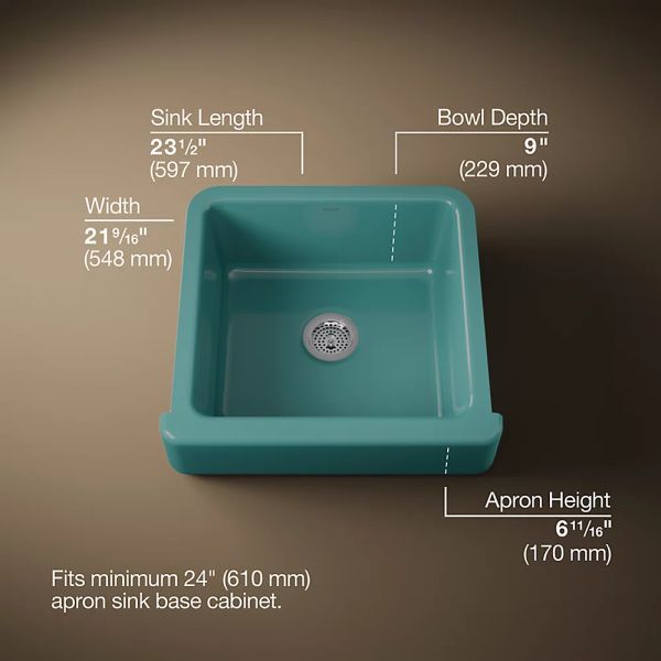 KOHLER® Whitehaven® Teal 24" Undermount Single-Bowl Farmhouse Kitchen Sink with Short Apron-2