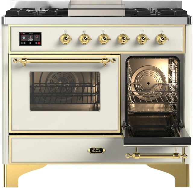 Ilve® Majestic III 40" Antique White Pro Style Dual Fuel Liquid Propane Range with Triple Glass Door and Brass Trim-2