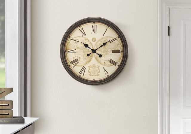 Monarch Specialties Inc. Antique Brown 20" Round Wall Clock with Roman Numerals on Map Background-2