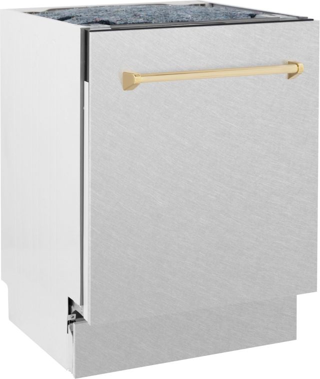 ZLINE Autograph Edition 24" Satin Stainless Steel Built In Dishwasher with Polished Gold Handle-2