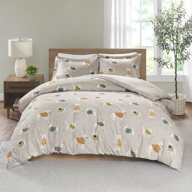 Olliix by True North by Sleep Philosophy Grey Dogs King/California King Cozy Flannel Duvet Set-0