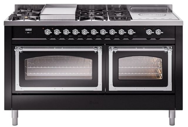 Ilve® Nostalgie II Noblesse 60'' Glossy Black Pro Style Dual Fuel Range with Chrome Trim-0