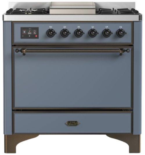 Ilve® Majestic III 36" Blue Gray Pro Style Dual Fuel Natural Gas Range with Solid Door and Burnished Trim-0