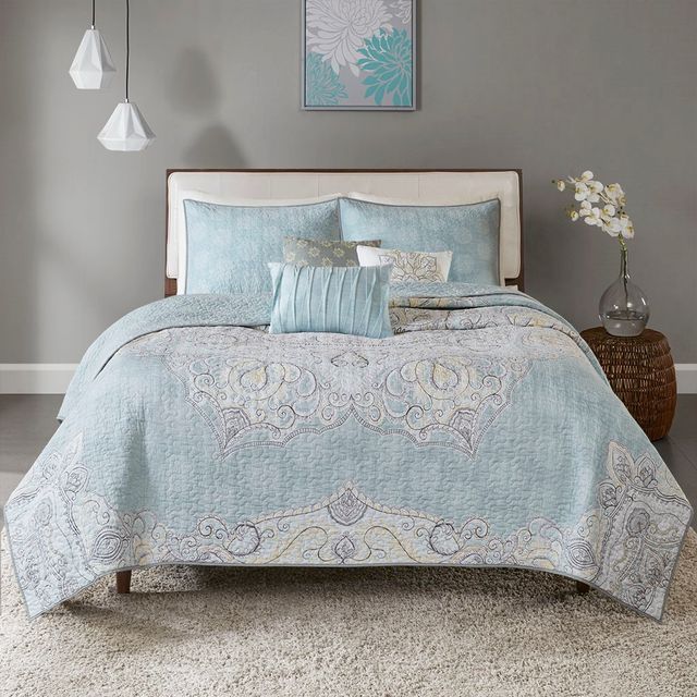 Olliix by Madison Park Lucinda 6 Piece Seafoam King/California King Reversible Cotton Sateen Coverlet Set-0