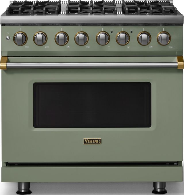 Viking® 5 Series 36" Eucalyptus Pro Style Dual Fuel (NG) Range with Brushed Brass Trim-0