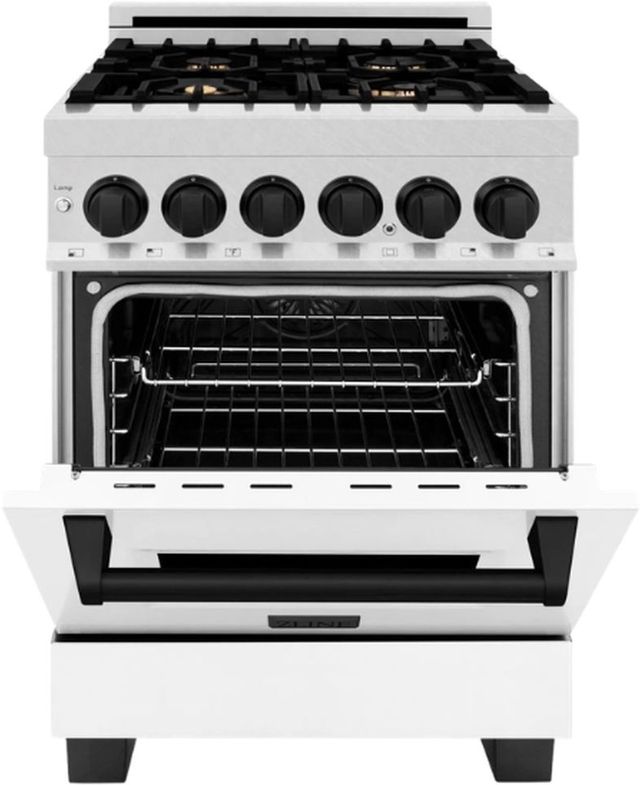 ZLINE Autograph Edition Legacy 24" Satin Stainless Steel Pro Style Dual Fuel Range with White Matte Door and Matte Black Accents-2