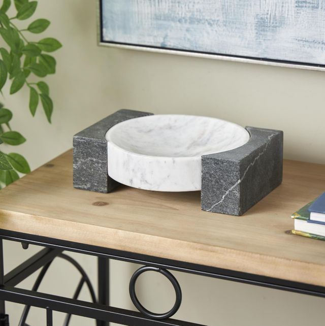 Deco Marche White Geometric Round Tray with Black Rectangular Blocks-4