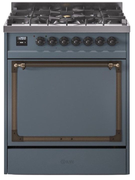 Ilve® Nostalgie II Noblesse 30'' Blue Gray Pro Style Dual Fuel Range with Burnished Trim-0