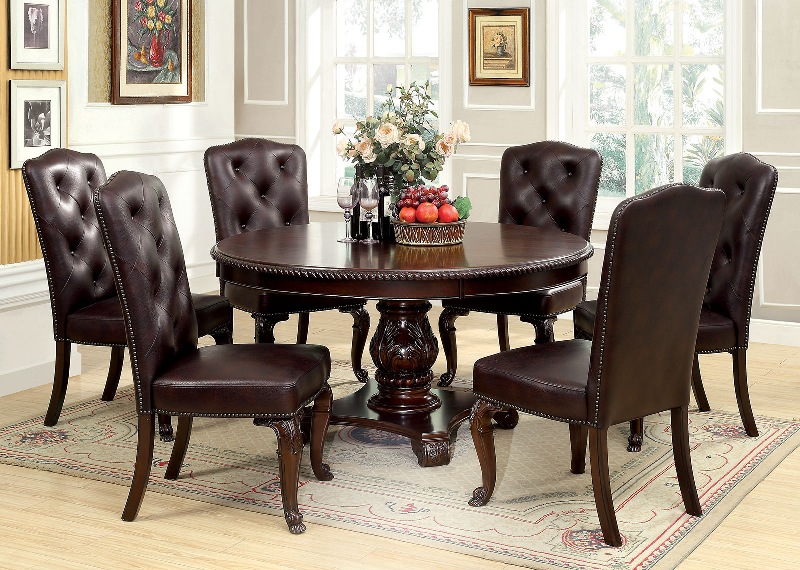 Furniture of America Bellagio 7 Piece Brown Cherry Dining Table Set with Leather Side Chair Furniture Express Valdosta GA