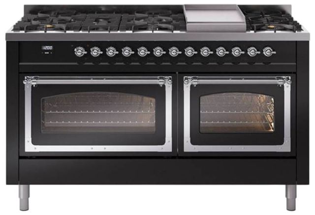 Ilve® Nostalgie II Noblesse 60'' Glossy Black Pro Style Dual Fuel Range with Chrome Trim-0
