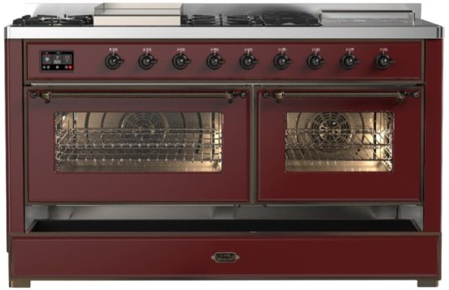 Ilve® Majestic III 60" Burgundy Pro Style Dual Fuel Natural Gas Range with French Top and Burnished Trim-2