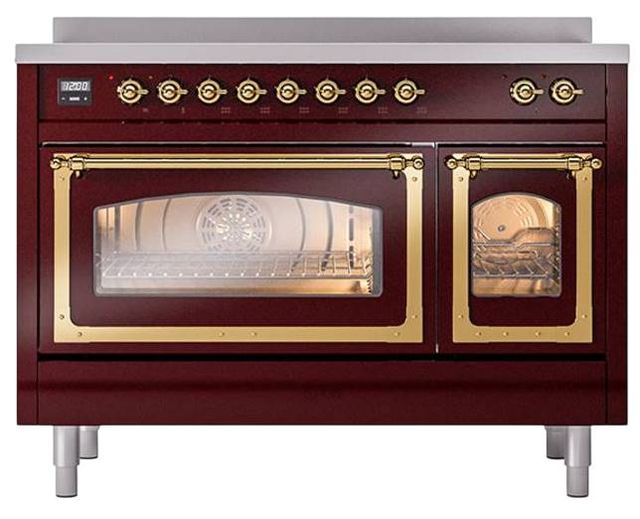 Ilve® Nostalgie II Noblesse 48'' Burgundy Pro Style Induction Range with Brass Trim-1