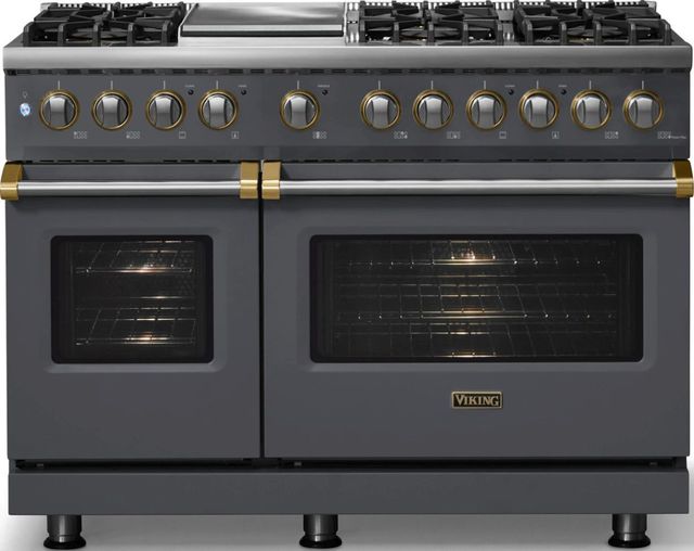 Viking® 5 Series 48" Cast Black Pro Style Dual Fuel (LP) Range with Brushed Brass Trim-2