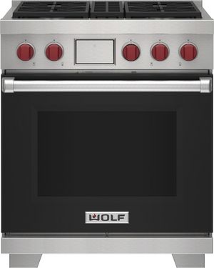 front view of the Wolf® 30" Black Freestanding Dual Fuel Range