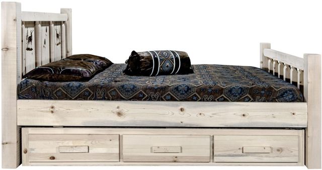 Montana Woodworks® Homestead Clear Lacquer Queen Storage Bed with Laser Engraved Elk Design-2