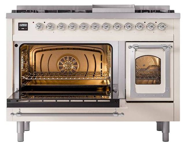 Ilve® Nostalgie II Noblesse 48'' Antique White Pro Style Dual Fuel Range with Chrome Trim-3