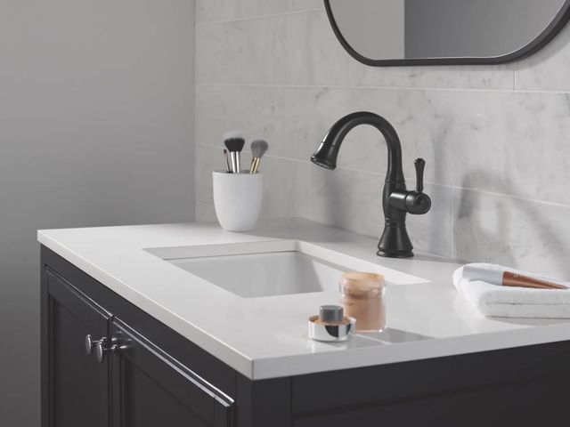 Delta Cassidy® Matte Black Single Handle Pull Down Bathroom Faucet with Drain-2