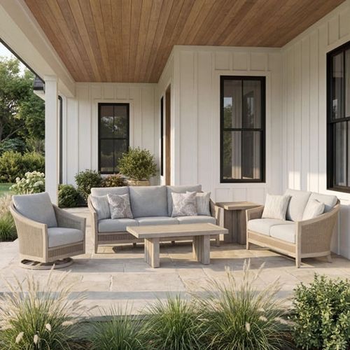 Signature Design by Ashley® Alden Peak Beige/Light Gray Fabric/Wicker/Wood Outdoor Loveseat with Cushion-0