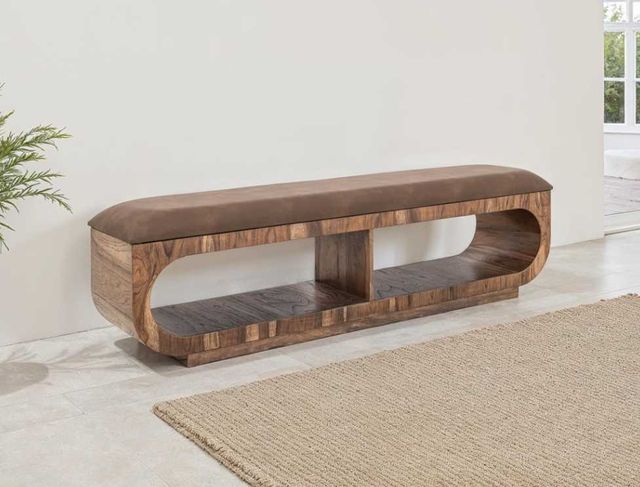 International Furniture Direct Balam Gray/Stained Brown Upholstered Bench-1