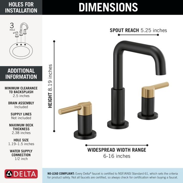 Delta Nicoli® Champagne Bronze/Matte Black 8" 2-Handle Widespread Bathroom Faucet-3