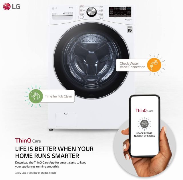 Front view of an LG dryer ThinQ infographic