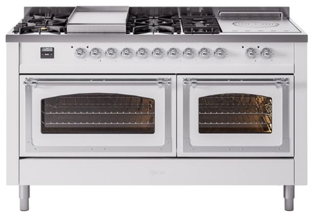 Ilve® Nostalgie II Noblesse 60'' White Pro Style Dual Fuel Range with Chrome Trim-0