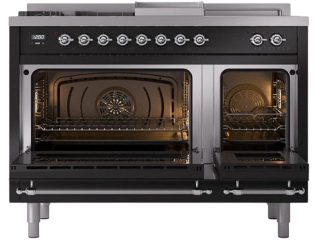 Ilve® Nostalgie II Noblesse 48'' Glossy Black Pro Style Dual Fuel Range with Chrome Trim-2