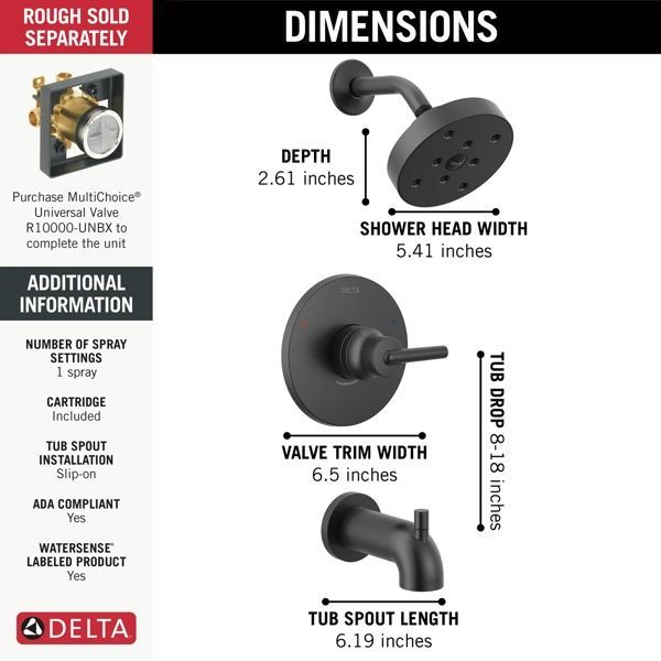 Delta Trinsic® Monitor® 14 Series Matte Black H2Okinetic® Tub and Shower Trim-2
