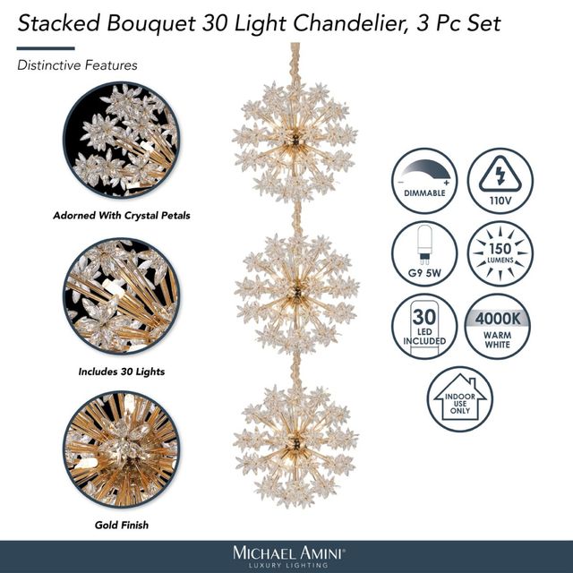Michael Amini® Stacked Bouquet 3-Piece Gold 30-Light Chandelier-3