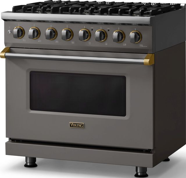 Viking® 5 Series 36" Damascus Gray Pro Style Dual Fuel (NG) Range with Brushed Brass Trim-3