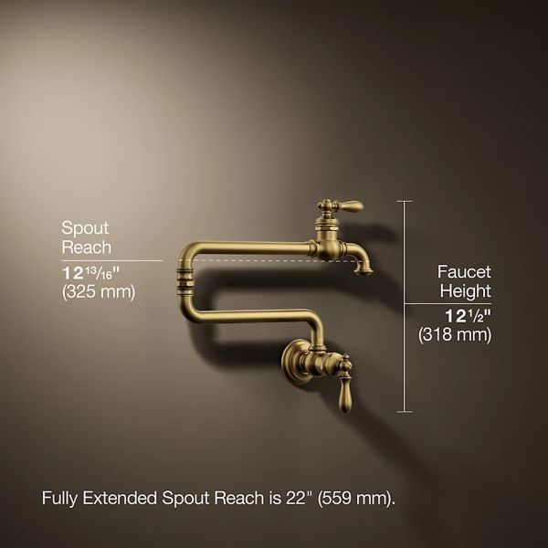 KOHLER® Artifacts® Vibrant Brushed Moderne Brass Wall-Mount Pot Filler-4