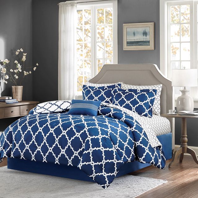 Olliix by Madison Park Essentials Merritt Navy Twin Reversible Complete Comforter and Cotton Sheet Set-0